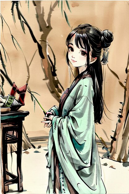Uma garota em um quimono verde fica na frente de uma árvore de bambu.