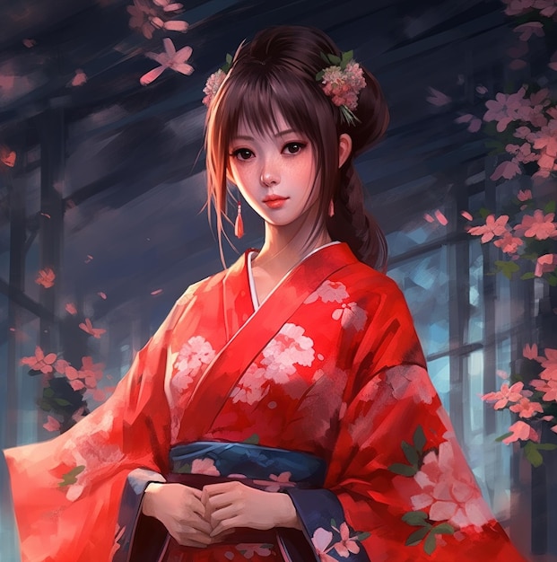 Uma garota em um quimono vermelho com flores na frente.
