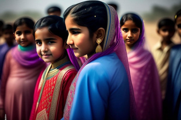 Uma garota em um sari azul está em uma fila com outras garotas em saris rosa e azul.