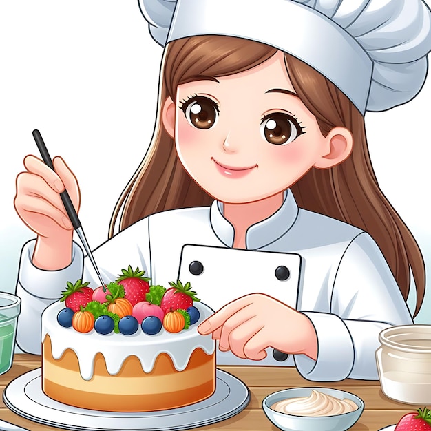 uma garota em um uniforme de chef está cortando um bolo com morangos e morangos