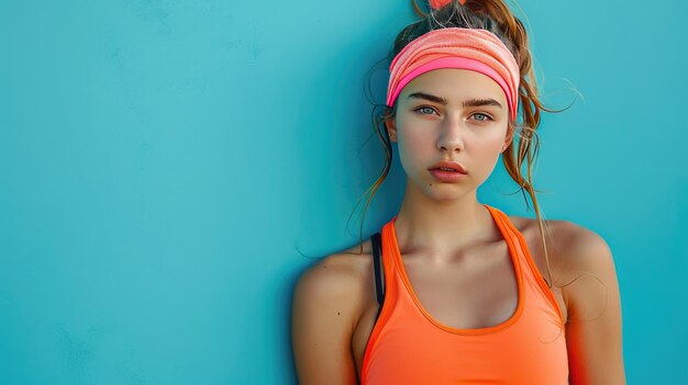 Uma garota em um uniforme esportivo laranja em um fundo azul