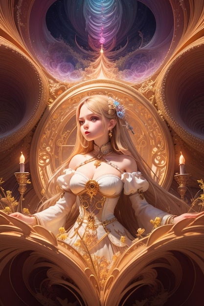 Uma garota em um vestido branco com asas douradas fica em frente a um trono dourado.