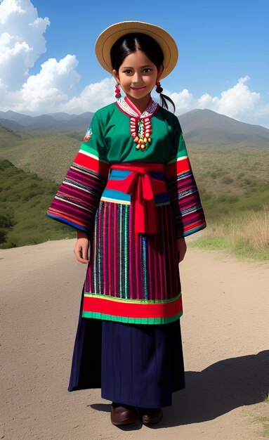 Uma garota em um vestido colorido fica em uma estrada de terra no vietnã.