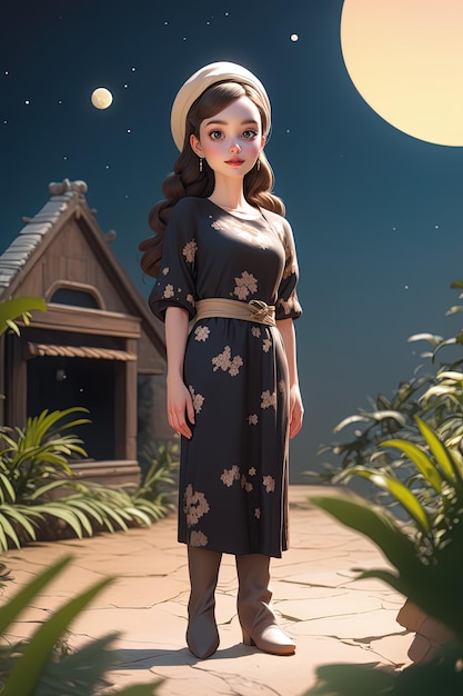 Uma garota em um vestido com uma lua ao fundo