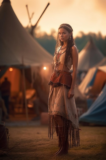 Uma garota em um vestido de índio nativo americano fica na frente de uma tenda ao pôr do sol.