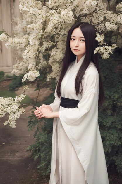 Uma garota em um vestido longo branco com longos cabelos pretos fica na frente de uma árvore florida.