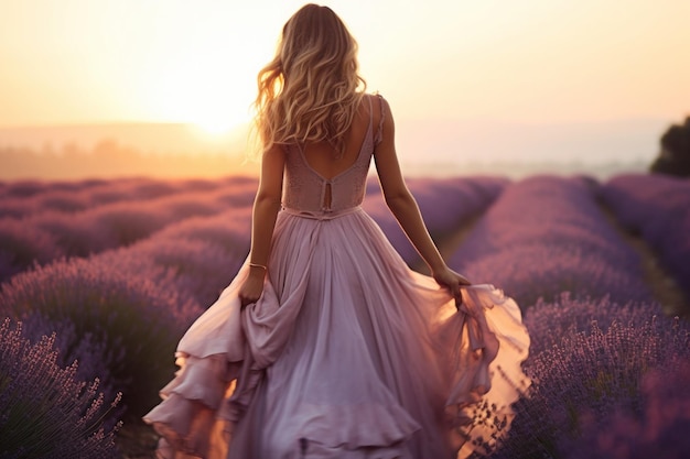 Uma garota em um vestido longo em um grande campo de lavanda iluminado pelo sol gerado pela IA