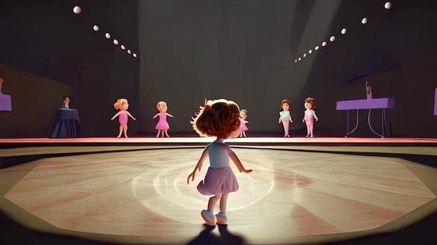 Uma garota em um vestido roxo fica na frente de um palco com outros dançarinos.