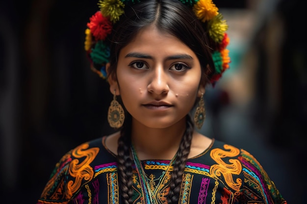 Uma garota em um vestido tradicional com flores na cabeça dela chiapaneca