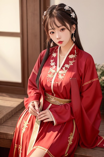 Uma garota em um vestido vermelho chinês hanfu