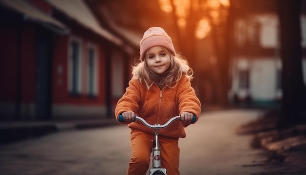 Uma garota em uma bicicleta em laranja