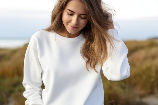 Uma garota em uma camiseta branca ao ar livre conceito de maquete de roupas de vestuário