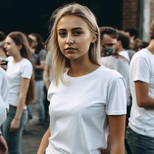 Uma garota em uma camiseta branca fica no meio da multidão