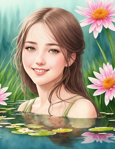 Uma garota em uma lagoa com flores