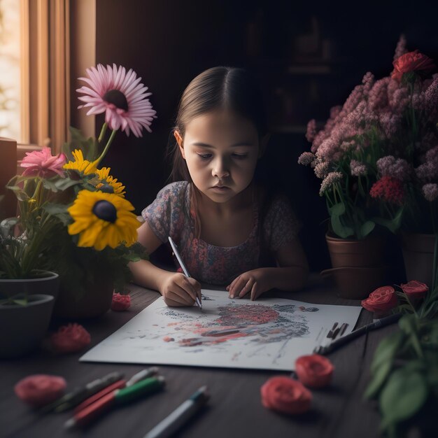 Foto uma garota está desenhando uma flor.