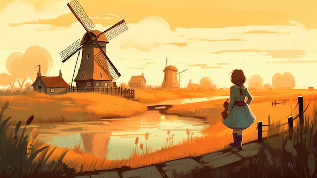 Foto uma garota está em um caminho de pedra em frente a um moinho de vento e um moinho de vento ao fundo.