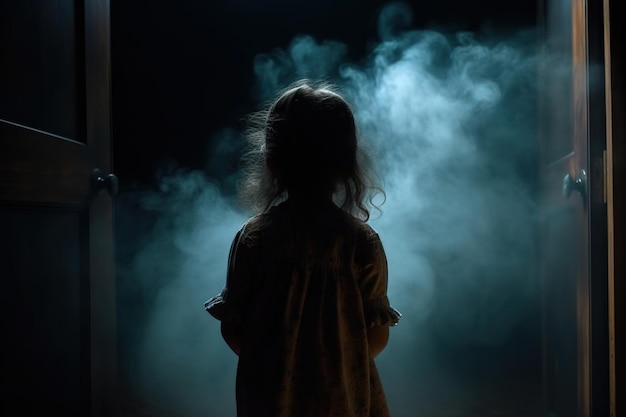 Uma garota está em um quarto escuro com fumaça saindo de seu rosto.