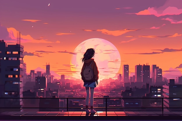 Uma garota está em uma borda olhando para uma paisagem urbana com um pôr do sol ao fundo.