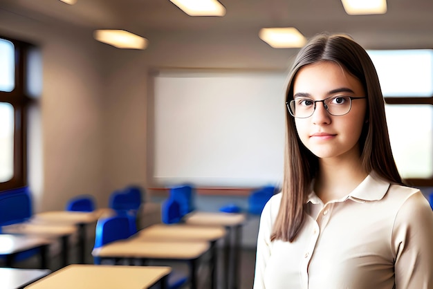 Uma garota está em uma sala de aula com um quadro branco atrás dela