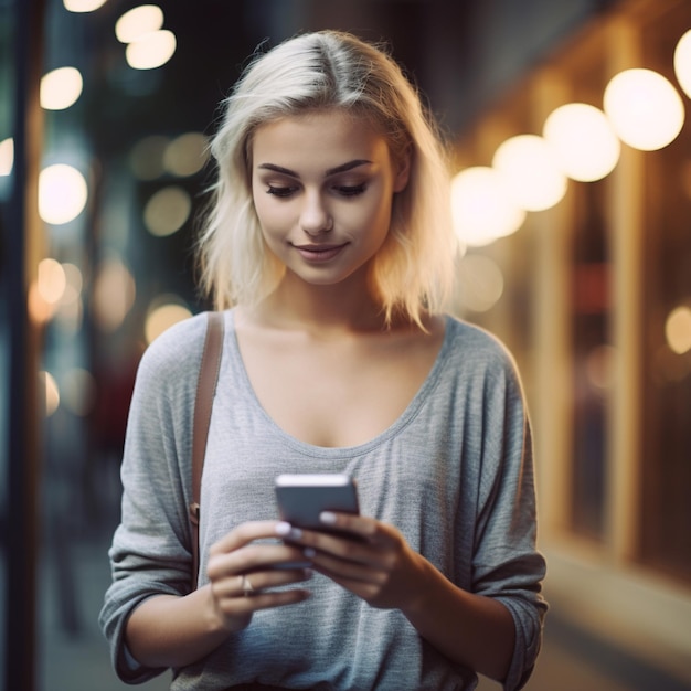 uma garota está enviando mensagens de texto no telefone e olhando para o telefone