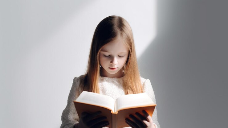 Foto uma garota está lendo um livro em frente a uma parede branca.