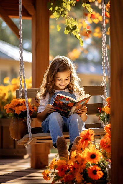 Uma garota está lendo um livro em um balanço perto de casa
