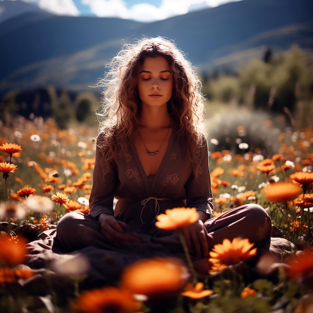 Uma garota está meditando em um campo de flores