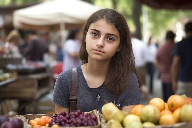 Uma garota está na frente de uma barraca de frutas