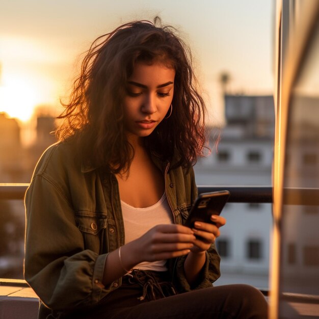 uma garota está olhando para o telefone enquanto olha o pôr do sol