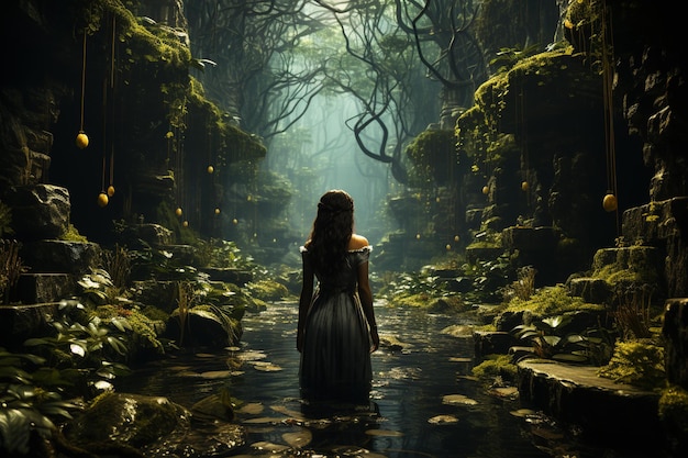 uma garota está parada no meio de uma floresta. uma paisagem de fantasia com lua cheia.