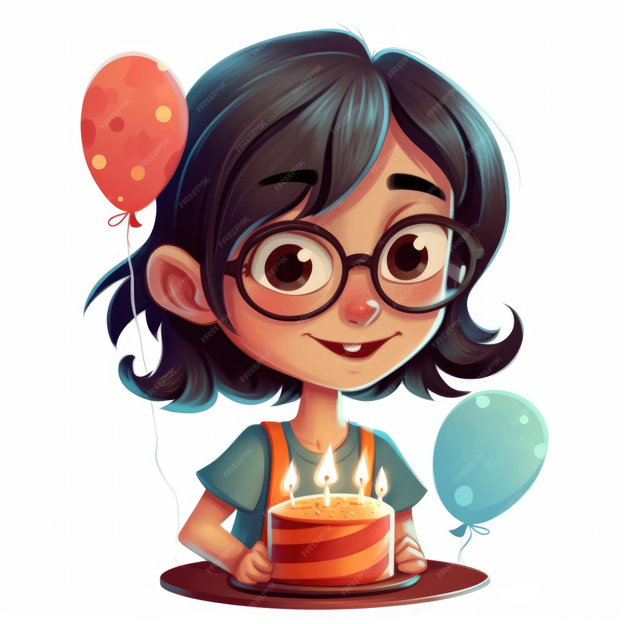 Uma garota está segurando um bolo enquanto comemora uma ilustração de  desenho animado de aniversário com ai generativa