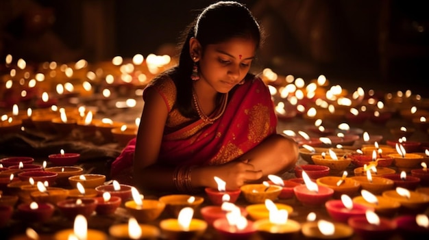Uma garota está sentada em frente a uma lâmpada com a luz acesa.