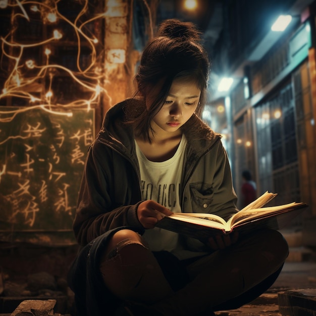 Foto uma garota está sentada em frente a uma parede com um livro intitulado “estou lendo”.