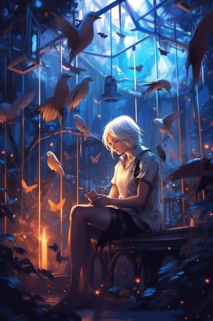 Uma garota está sentada em uma floresta com pássaros voando ao seu redor.