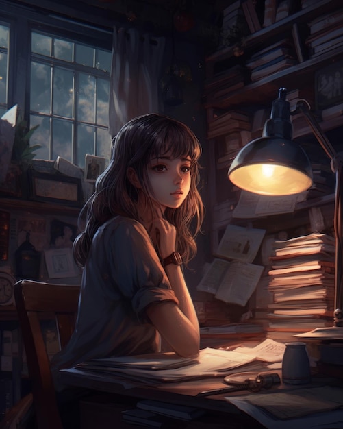Uma garota está sentada em uma mesa em um quarto escuro com uma lâmpada e livros sobre a mesa.
