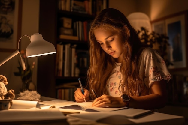 Uma garota está sentada em uma mesa em um quarto escuro, escrevendo em um caderno.
