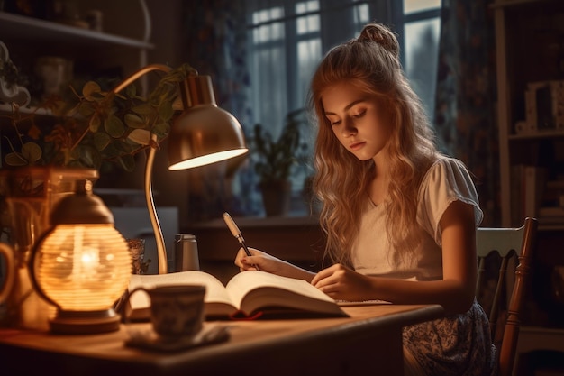 Uma garota está sentada em uma mesa em um quarto escuro, lendo um livro.