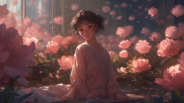 Uma garota está sentada no chão em frente a um campo de flores.