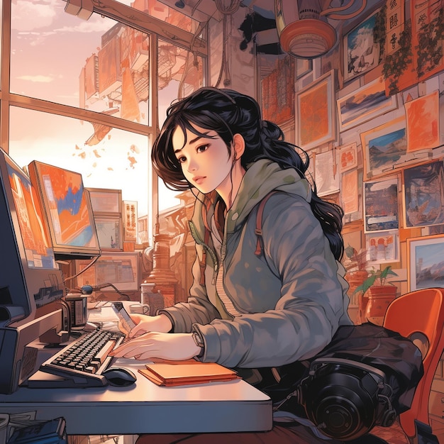 uma garota está trabalhando em um computador com um computador em frente a uma parede de fotos.