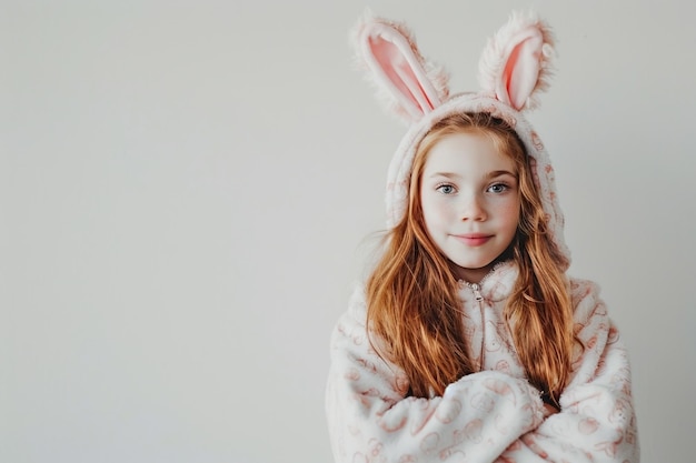 Uma garota fantasiada com orelhas de animal e pijama de coelho Fundo liso com espaços para cópia