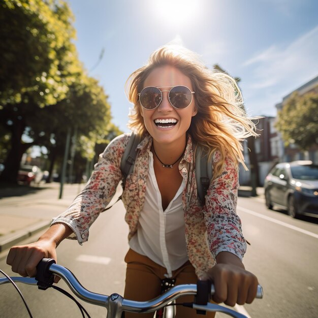 Uma garota feliz andando de bicicleta