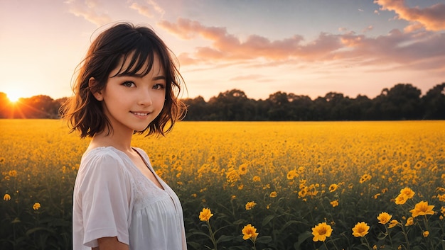 Uma garota feliz em um campo de girassóis ao pôr do sol