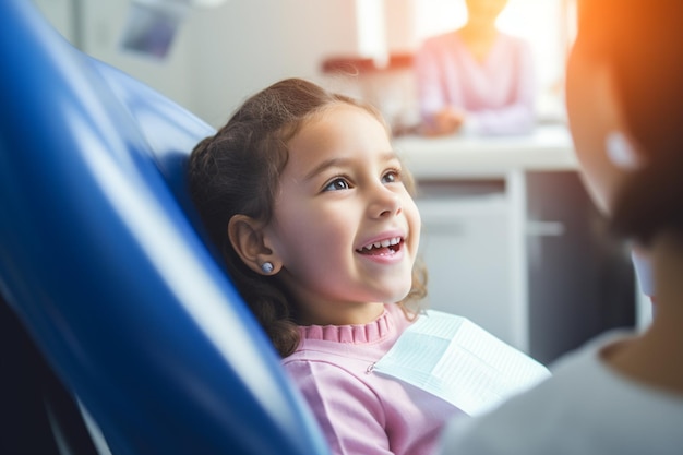 Uma garota felizmente vai ao dentista para um exame odontológico na clínica