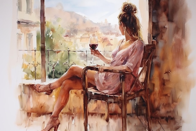 Uma garota glamorosa com um copo de vinho senta-se à janela pintura a aquarela arte