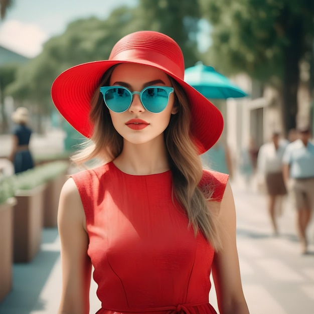 Uma garota glamourosa com óculos de sol à moda vestindo um chapéu vermelho de verão e um vestido turquesa