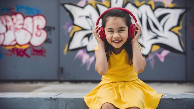 Uma garota impudente sorridente ouve música com fones de ouvido vermelhos em uma parede cinzenta