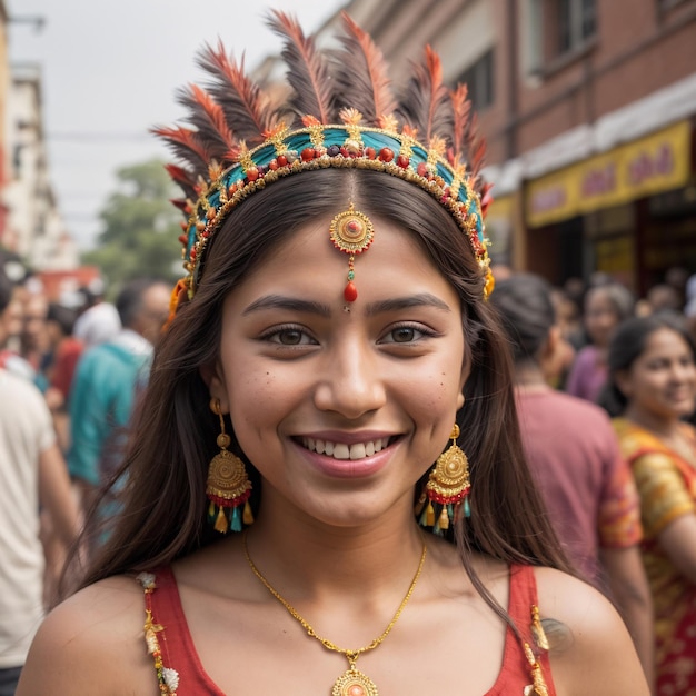 Uma garota indiana com um chapéu vermelho e um chapéu vermello está olhando para a câmera