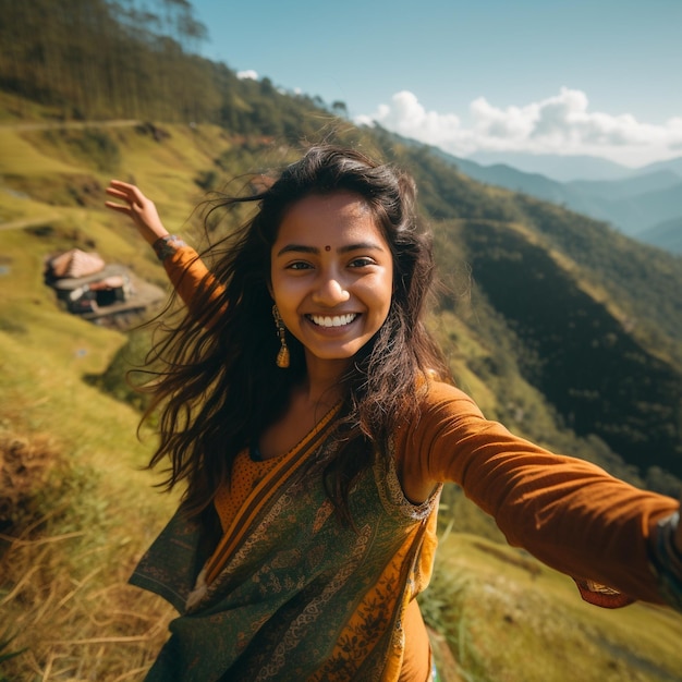 Foto uma garota indiana curtindo a colina das montanhas rochosas