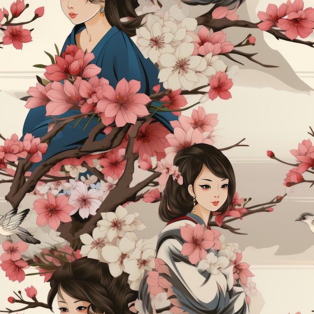 uma garota japonesa com uma flor de cerejeira no cabelo