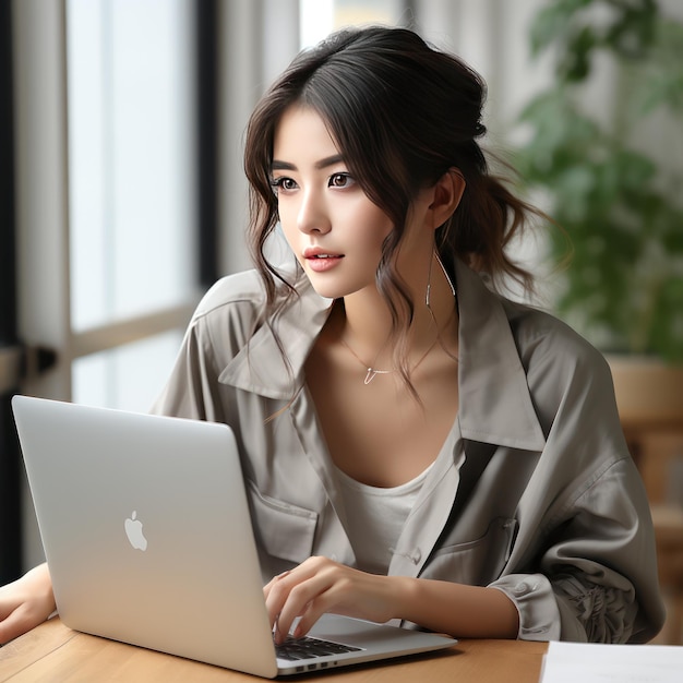 Foto uma garota japonesa de 22 anos trabalhando em um novo macbook air m2 13 imagem cinematográfica realista